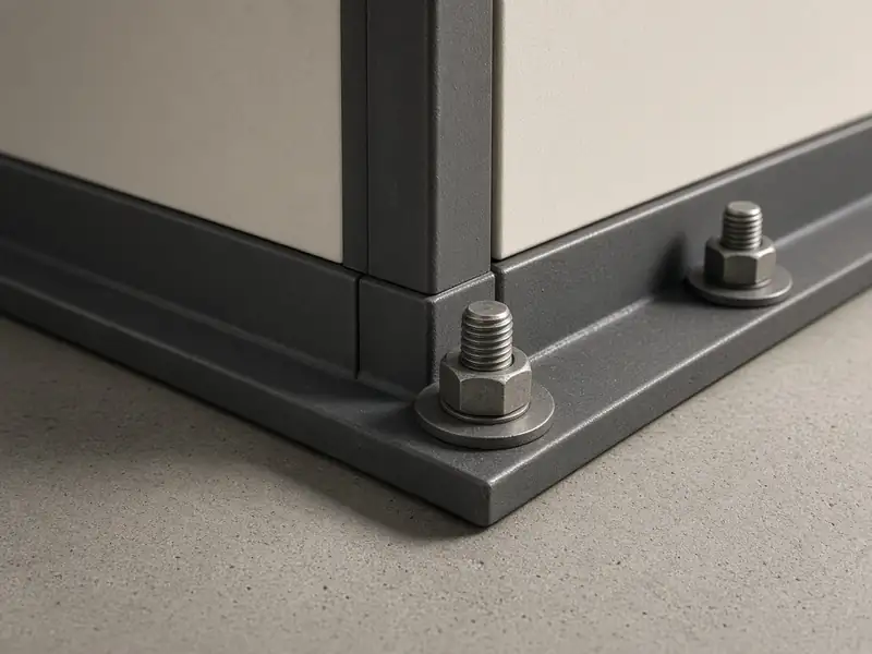 Illustrative image (AI-generated): steel anchor bolts fixing the base flange of a safe room to a concrete slab
