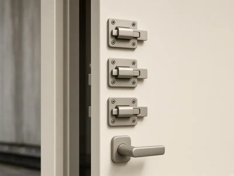 Illustrative image (AI-generated): the ivory steel door of an above-ground safe room with latch hardware