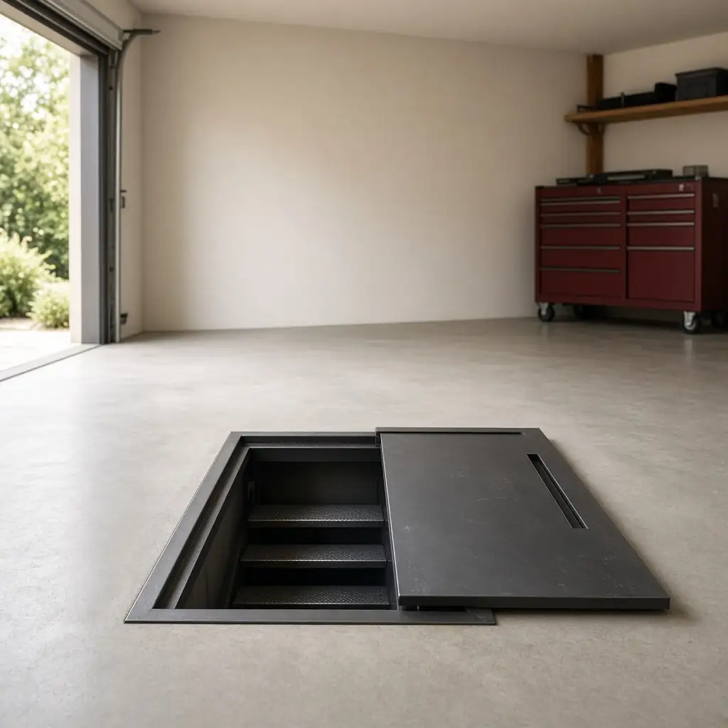Illustrative image (AI-generated): a garage-floor storm shelter with its sliding steel lid partly open