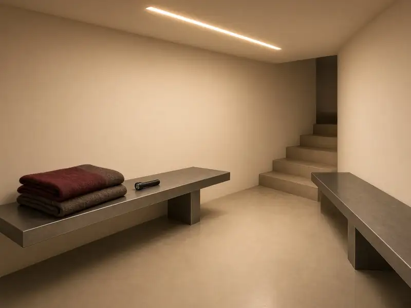 Illustrative image (AI-generated): the interior of an underground storm shelter with bench seating