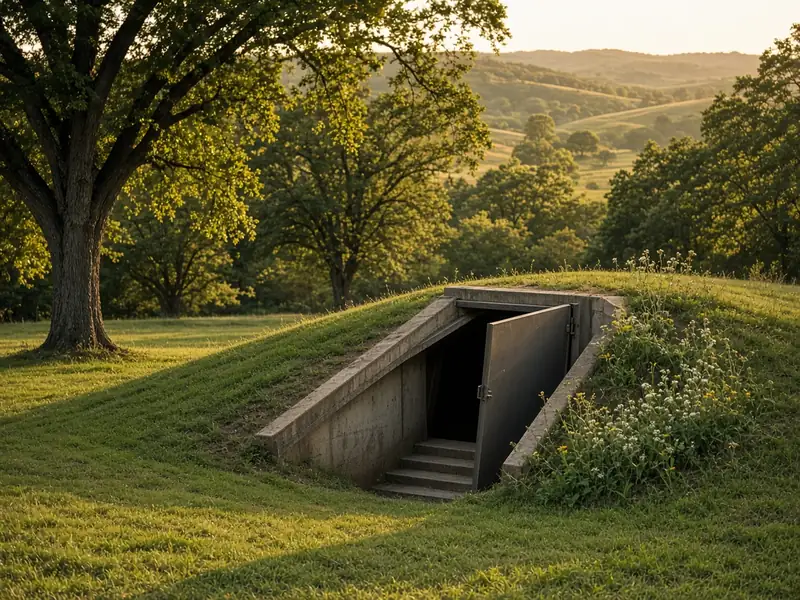Illustrative image (AI-generated): an earth-covered in-ground storm shelter with its door open on a grassy lot