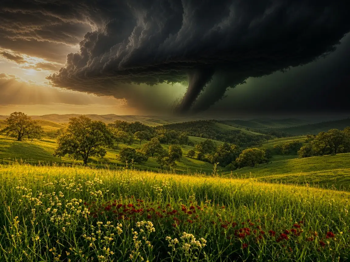 Illustrative image (AI-generated): sunlit green hills, oak trees and wildflowers glowing in golden light, with a deep black wall cloud and a rain-wrapped tornado forming far away over open country